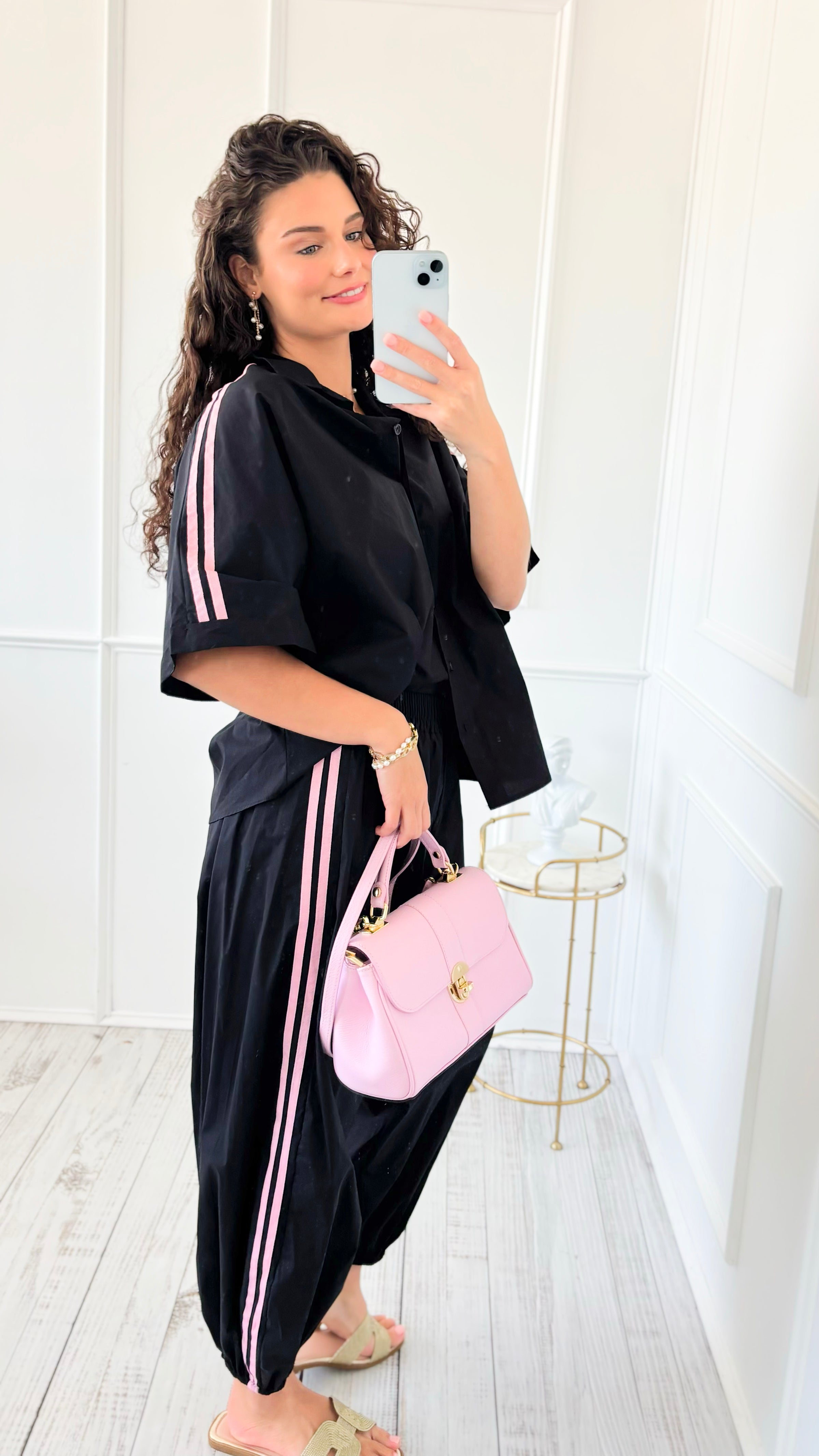 Sporty Chic Side Stripe Italian Jogger- Black