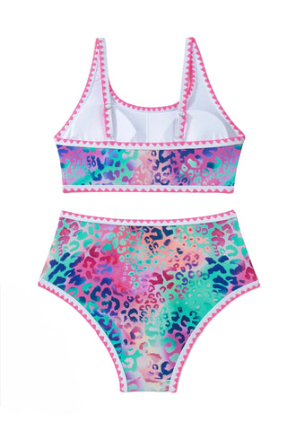 Neon Leopard Trim High Waist Swimsuit