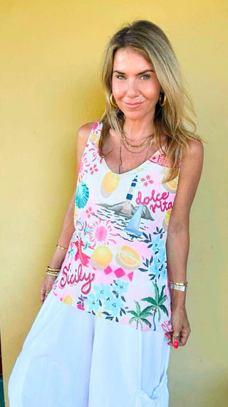 Sicily Sun Italian Knit Tank Top- Pink