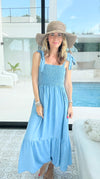 Chambray Smocked Maxi Dress-200 Dresses/Jumpsuits/Rompers-Blu Pepper-Coastal Bloom Boutique, find the trendiest versions of the popular styles and looks Located in Indialantic, FL