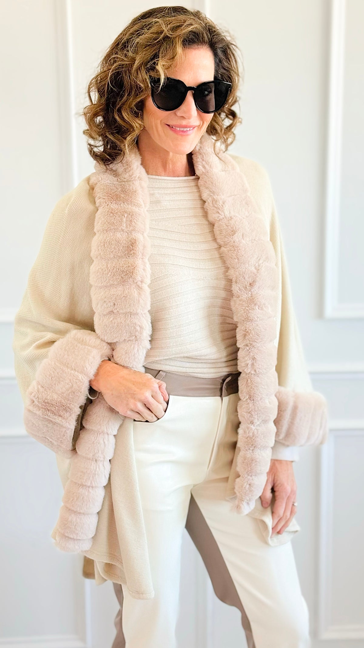 I'm Blushing Faux Fur Poncho - Ivory-150 Cardigans/Layers-On Blue-Coastal Bloom Boutique, find the trendiest versions of the popular styles and looks Located in Indialantic, FL