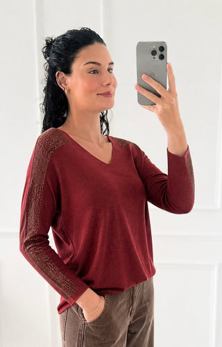 Shine Sleeve Italian Knit Sweater- Burgundy