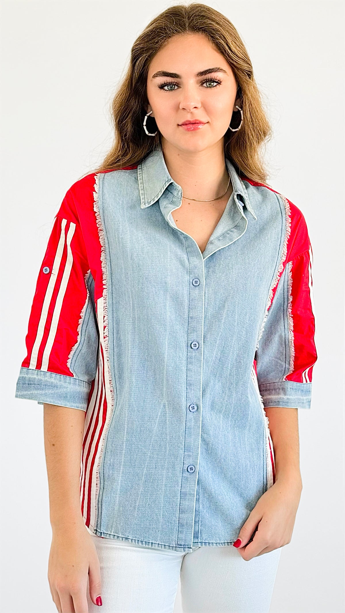 Striped Harmony Button-Up Top - Red-130 Long Sleeve Tops-PASTEL DESIGN-Coastal Bloom Boutique, find the trendiest versions of the popular styles and looks Located in Indialantic, FL