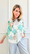 Feathered Flora Italian St Tropez - Turquoise White-140 Sweaters-Italianissimo-Coastal Bloom Boutique, find the trendiest versions of the popular styles and looks Located in Indialantic, FL