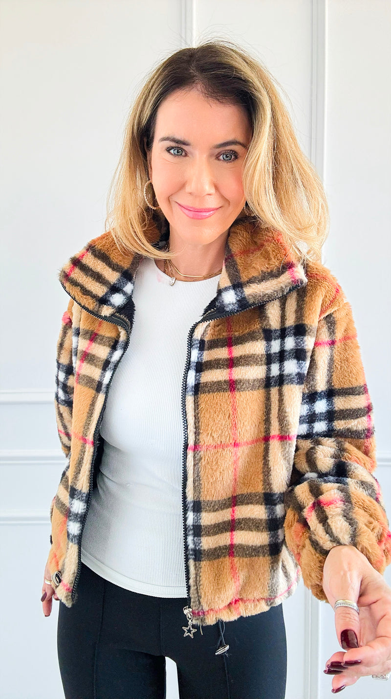 Plaid Fur Zip Jacket-160 Jackets-SANTOORI-Coastal Bloom Boutique, find the trendiest versions of the popular styles and looks Located in Indialantic, FL