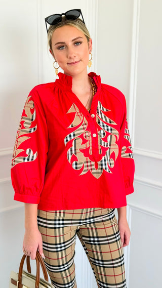 Plaid Appliqué Ruffle Neck Blouse Top - Red