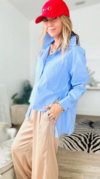 Italian High-Low Long Sleeve Blouse-Sky Blue-130 Long Sleeve Tops-Venti6 Outlet-Coastal Bloom Boutique, find the trendiest versions of the popular styles and looks Located in Indialantic, FL