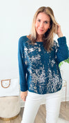 Round Neck Silver Foil Sweater - Peacock-140 Sweaters-Look Mode-Coastal Bloom Boutique, find the trendiest versions of the popular styles and looks Located in Indialantic, FL