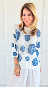 Noir Petals Short Sleeve Italian St Tropez Knit- Blue-140 Sweaters-Italianissimo-Coastal Bloom Boutique, find the trendiest versions of the popular styles and looks Located in Indialantic, FL