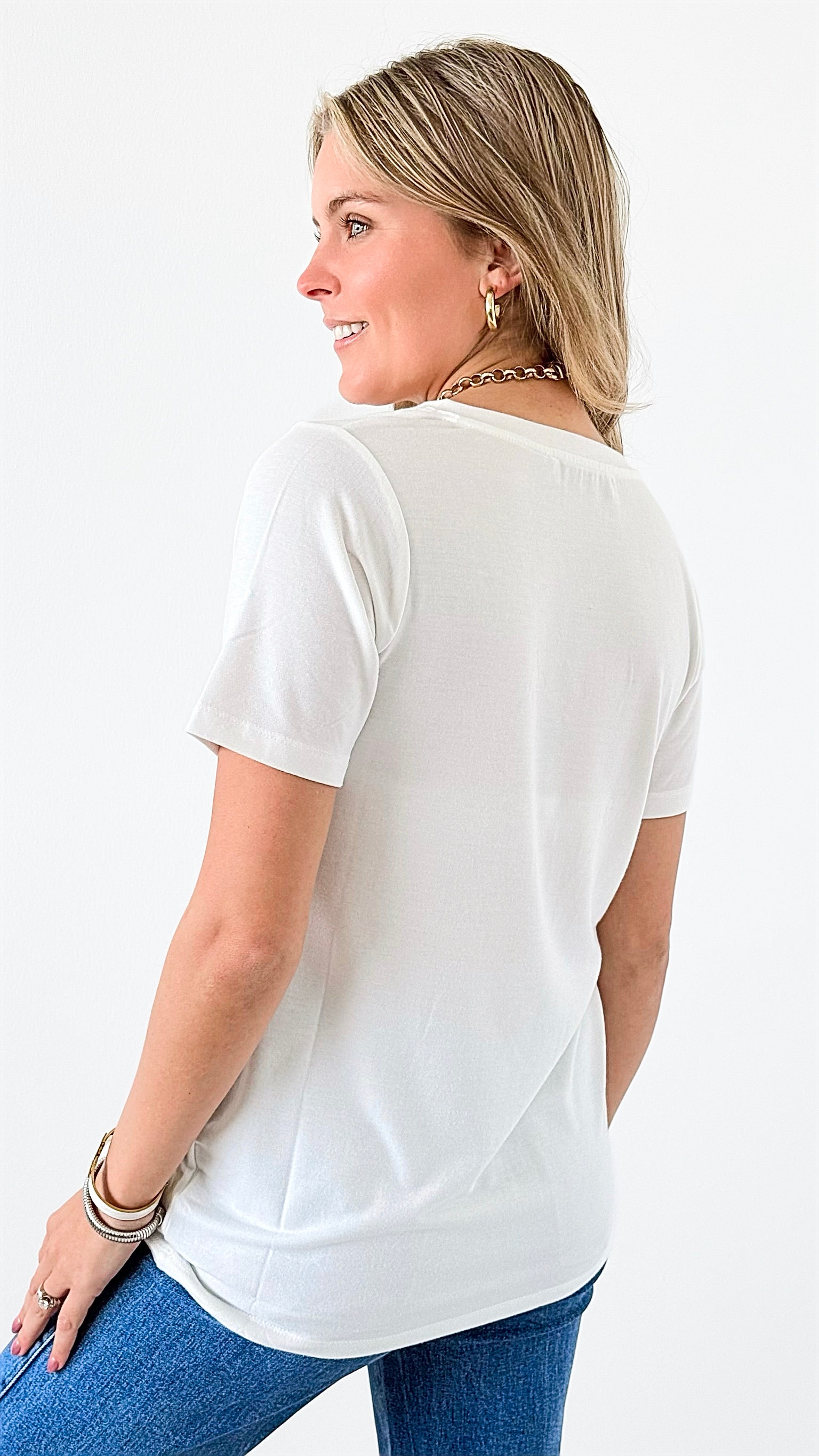 Casual Luxe V-Neck Top - Off White-110 Short Sleeve Tops-Zenana-Coastal Bloom Boutique, find the trendiest versions of the popular styles and looks Located in Indialantic, FL