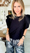 Quilted Ruffle Sleeve Top - Black-110 Short Sleeve Tops-Ces Femme-Coastal Bloom Boutique, find the trendiest versions of the popular styles and looks Located in Indialantic, FL