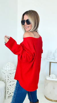 Soho Italian Boatneck Pullover - Red-140 Sweaters-Italianissimo-Coastal Bloom Boutique, find the trendiest versions of the popular styles and looks Located in Indialantic, FL