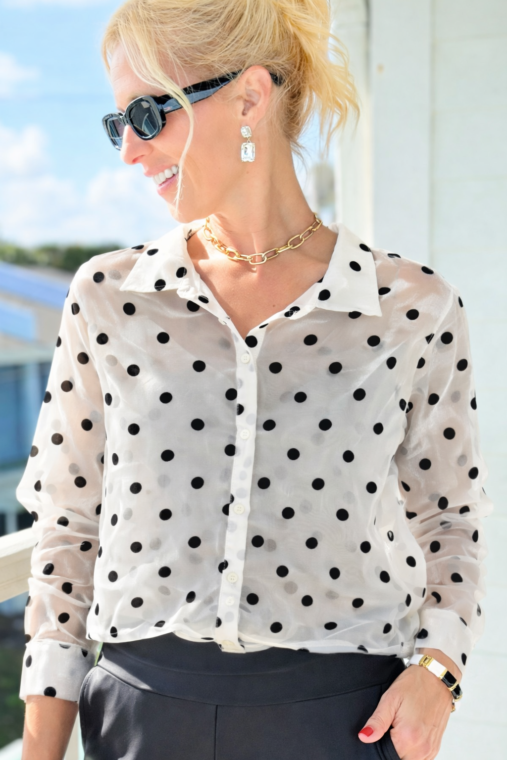 Sweet Spot Sheer Button Down top- White
