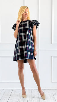 Plaid Ruffle Sleeve Dress - Navy-200 Dresses/Jumpsuits/Rompers-Jodifl-Coastal Bloom Boutique, find the trendiest versions of the popular styles and looks Located in Indialantic, FL