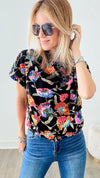 Raining Sequins Floral Off-the-Shoulder Blouse - Black Multi-110 Short Sleeve Tops-MAIN STRIP-Coastal Bloom Boutique, find the trendiest versions of the popular styles and looks Located in Indialantic, FL
