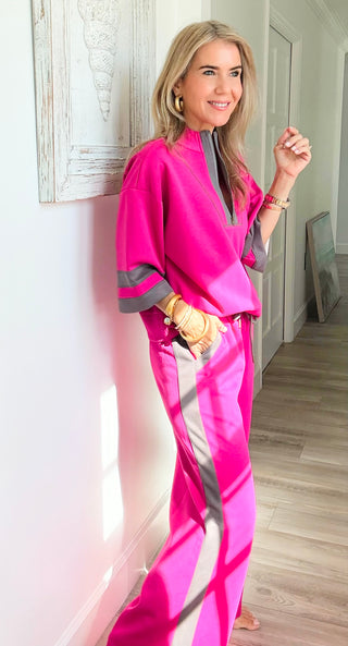 Contrast Stripe Wide Leg Pants - Magenta