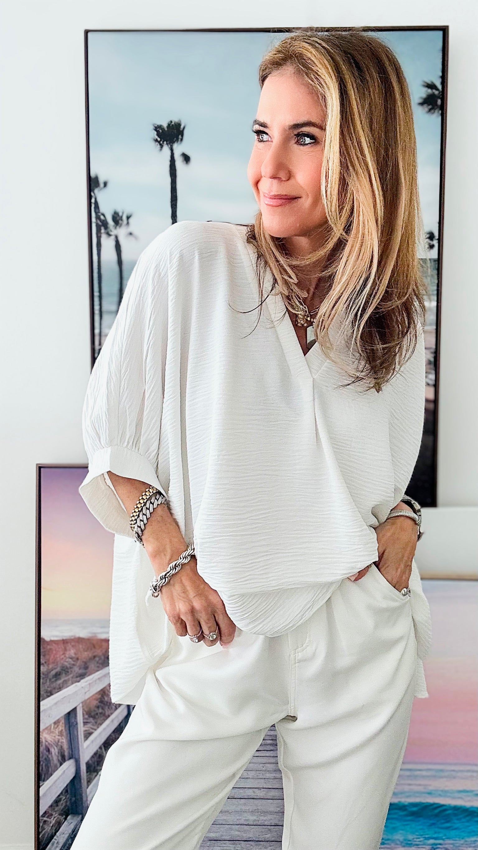 Woven Airflow Top - Off White-130 Long Sleeve Tops-Zenana-Coastal Bloom Boutique, find the trendiest versions of the popular styles and looks Located in Indialantic, FL