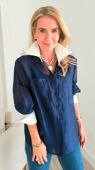 Sheer Petal Contrast Italian Button-Up- Navy