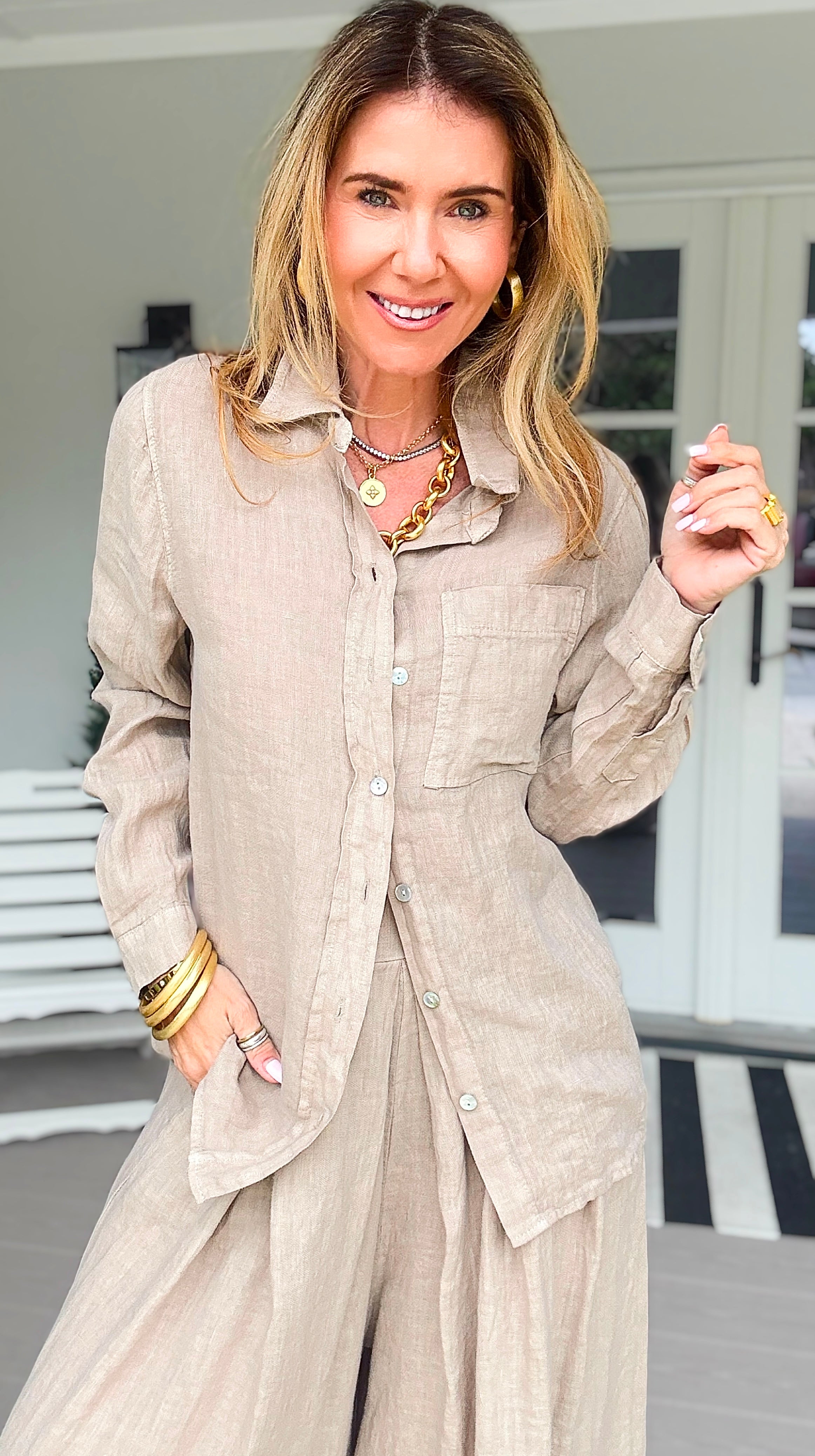 Tuscany Linen Italian Button Top- Taupe