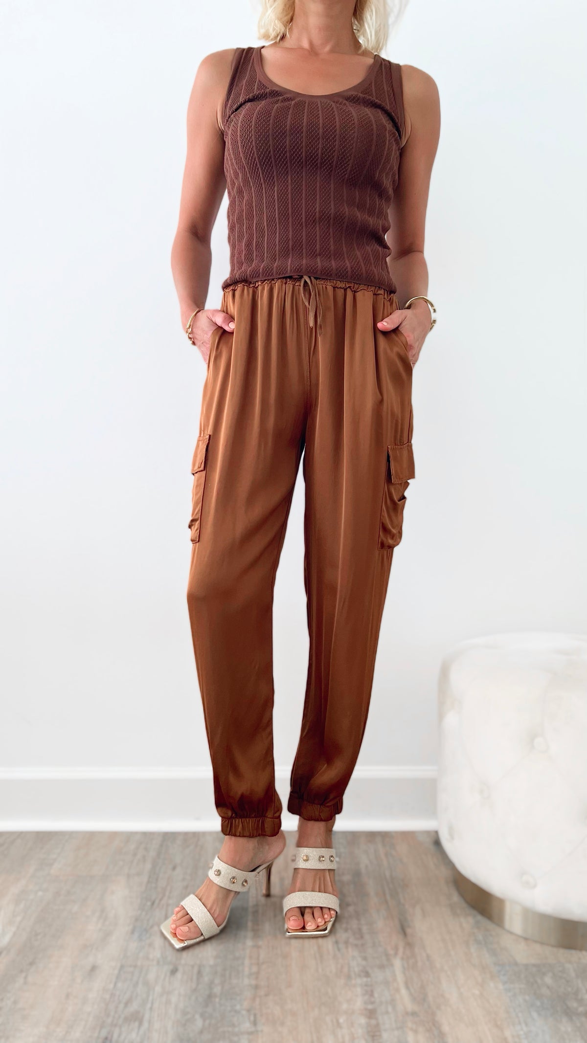 Luxe Look Italian Cargo Joggers - Tobacco-170 Bottoms-Yolly-Coastal Bloom Boutique, find the trendiest versions of the popular styles and looks Located in Indialantic, FL