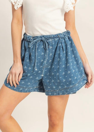 Printed Denim Pull-On Shorts