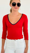 V-Neck Ribbed Crop Top - Red-130 Long Sleeve Tops-Heart&Hips-Coastal Bloom Boutique, find the trendiest versions of the popular styles and looks Located in Indialantic, FL