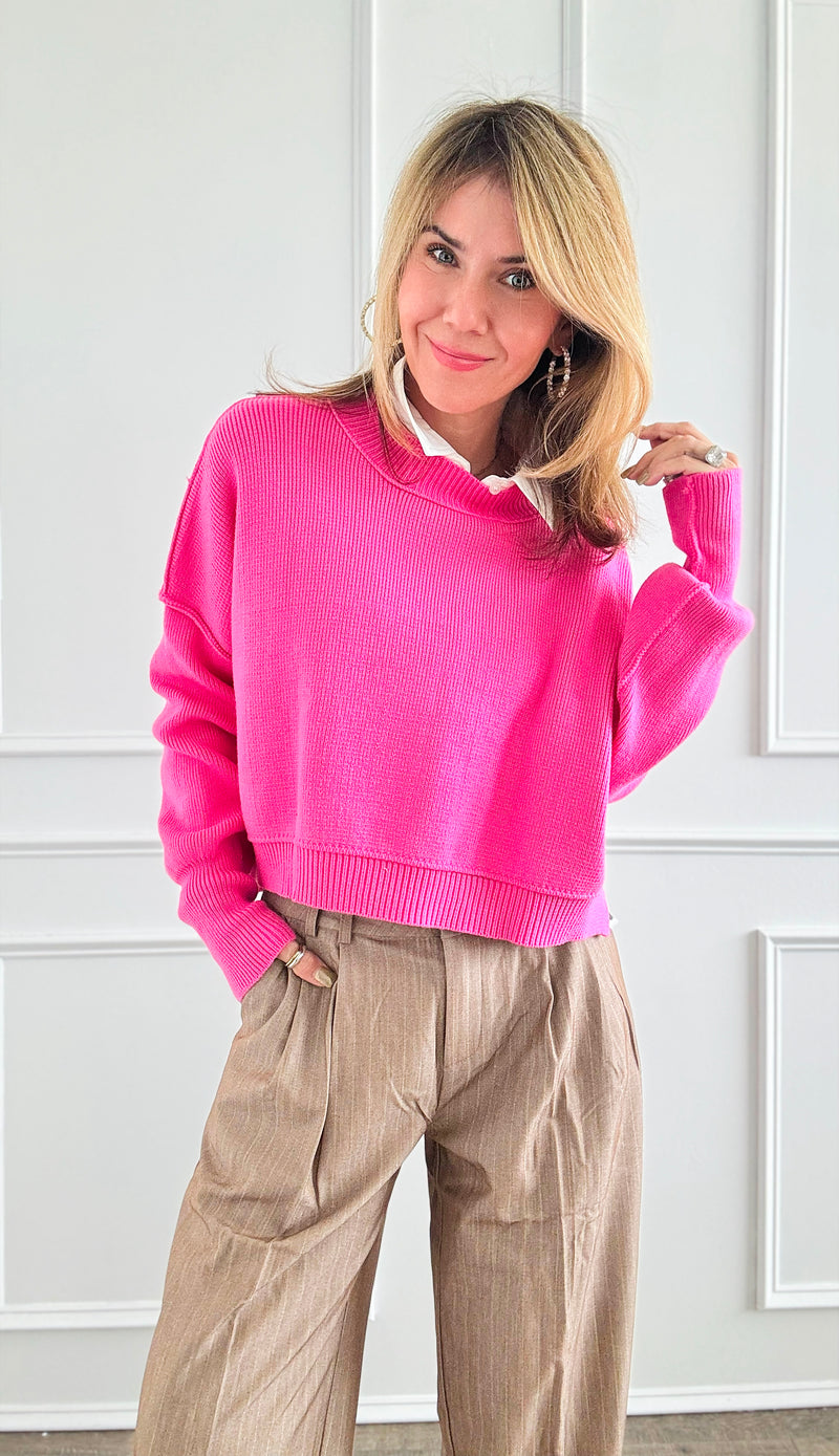 Spring Breeze Crop Sweater - Hot Pink-130 Long Sleeve Tops-NASH GREY-Coastal Bloom Boutique, find the trendiest versions of the popular styles and looks Located in Indialantic, FL