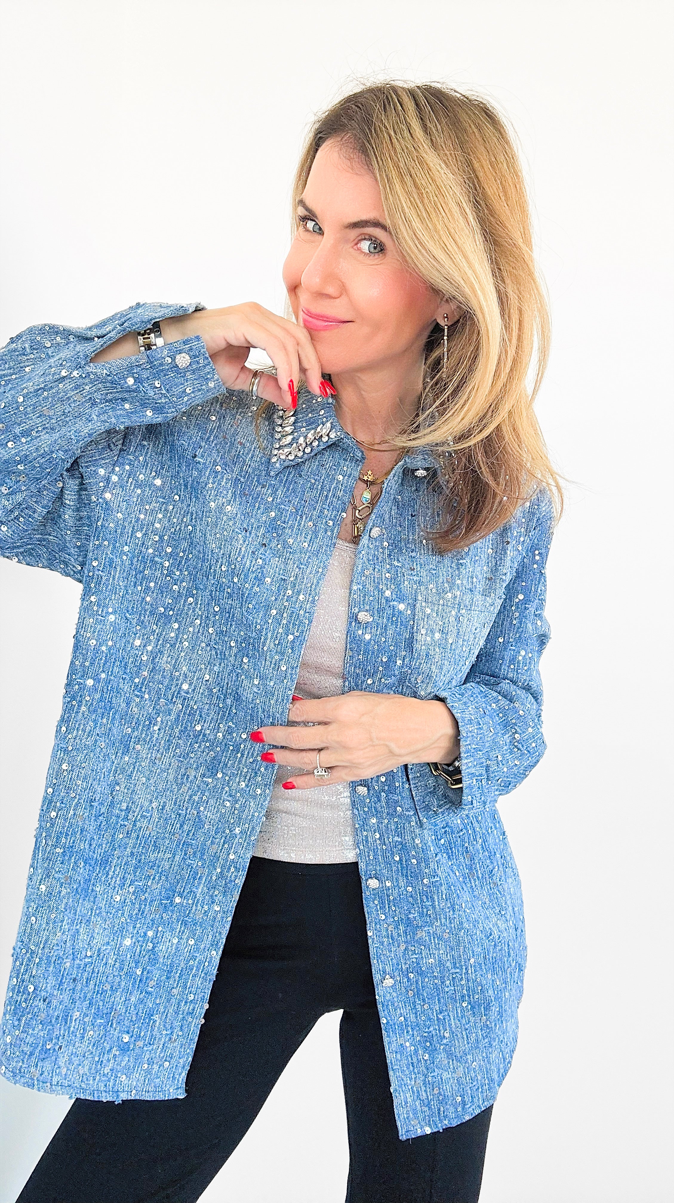 Stardust Denim Blouse-130 Long Sleeve Tops-litaga-Coastal Bloom Boutique, find the trendiest versions of the popular styles and looks Located in Indialantic, FL