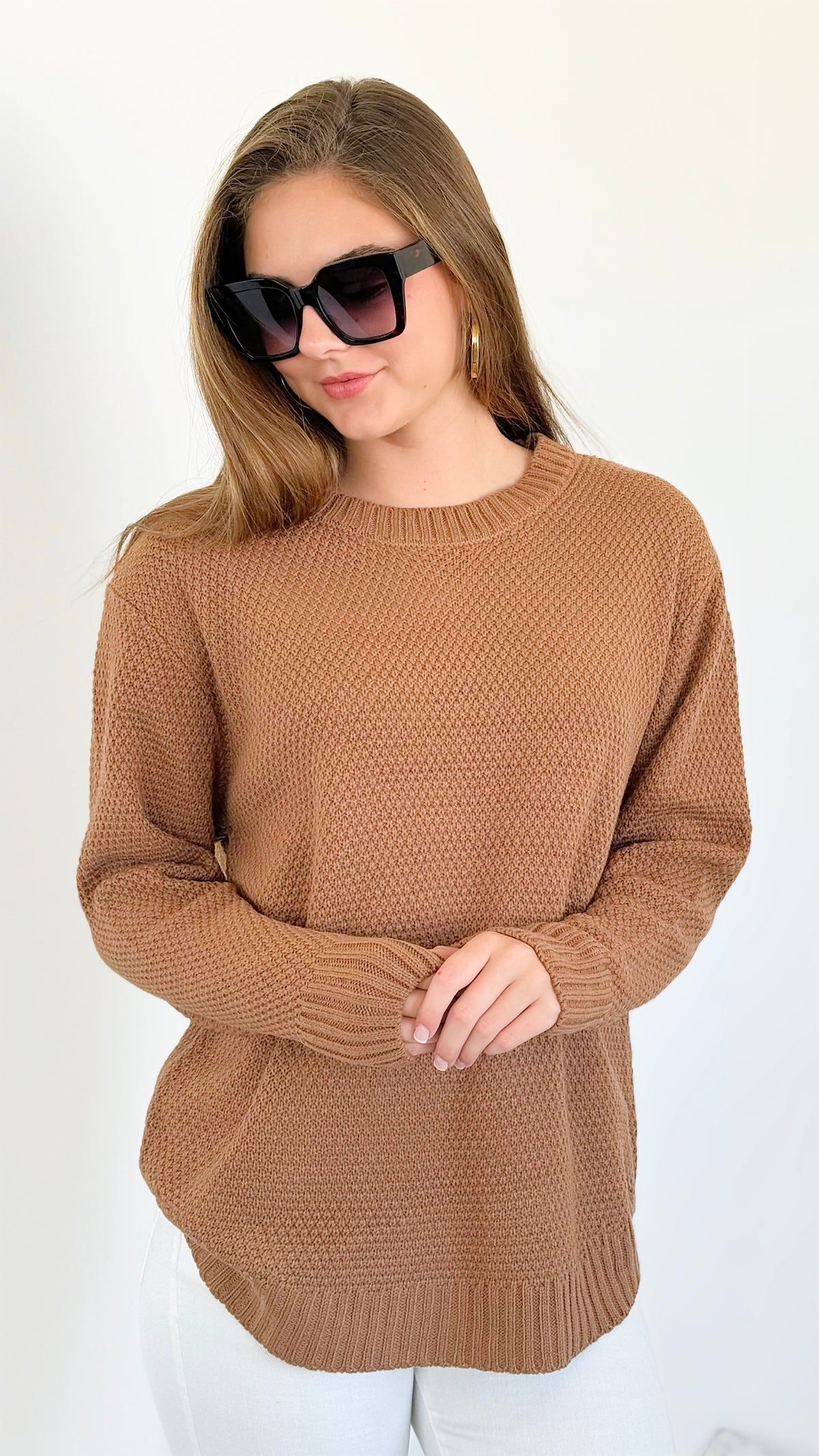 Round Neck Basic Sweater - Deep Camel-140 Sweaters-Zenana-Coastal Bloom Boutique, find the trendiest versions of the popular styles and looks Located in Indialantic, FL