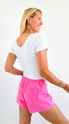 Drawstring Denim Shorts - Pink-170 Bottoms/Shorts-HYFVE-Coastal Bloom Boutique, find the trendiest versions of the popular styles and looks Located in Indialantic, FL