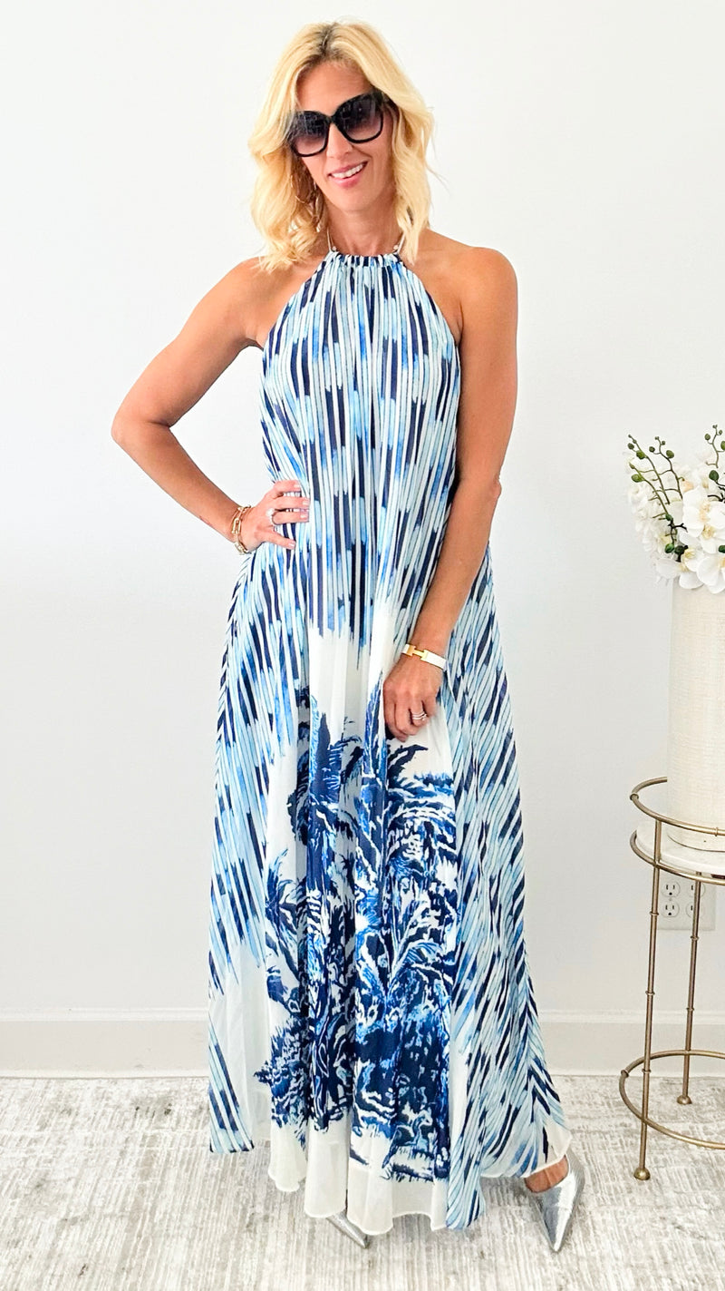 Azure Oasis Printed Maxi Dress - Blue Ivory-200 Dresses/Jumpsuits/Rompers-Rousseau-Coastal Bloom Boutique, find the trendiest versions of the popular styles and looks Located in Indialantic, FL