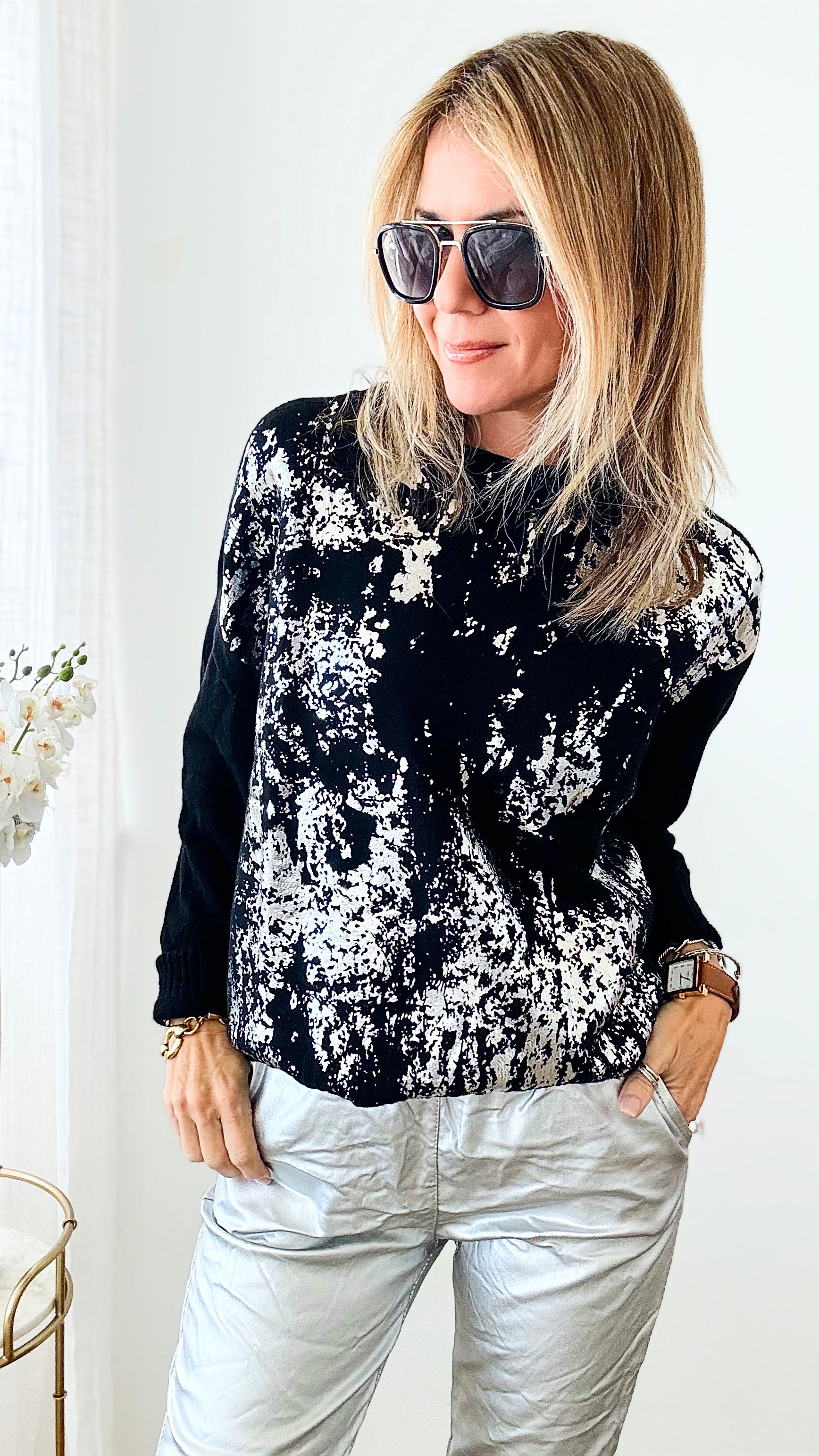 Boatneck Italian Silver Foil Sweater-140 Sweaters-Look Mode-Coastal Bloom Boutique, find the trendiest versions of the popular styles and looks Located in Indialantic, FL