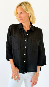 Pure Breeze Linen Italian Button Top- Black-110 short Sleeve Top-Italianissimo-Coastal Bloom Boutique, find the trendiest versions of the popular styles and looks Located in Indialantic, FL