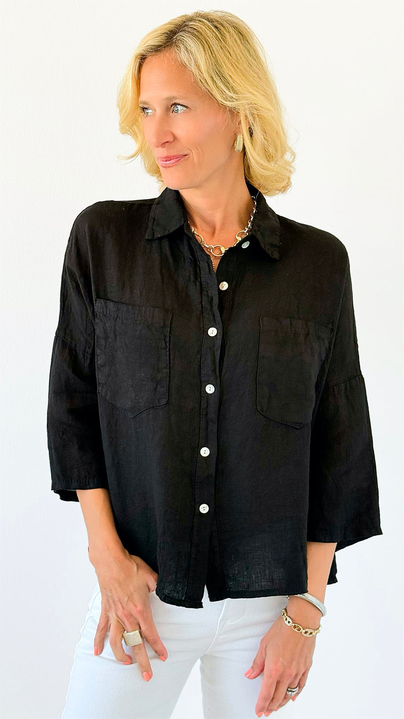 Pure Breeze Linen Italian Button Top- Black-110 short Sleeve Top-Italianissimo-Coastal Bloom Boutique, find the trendiest versions of the popular styles and looks Located in Indialantic, FL
