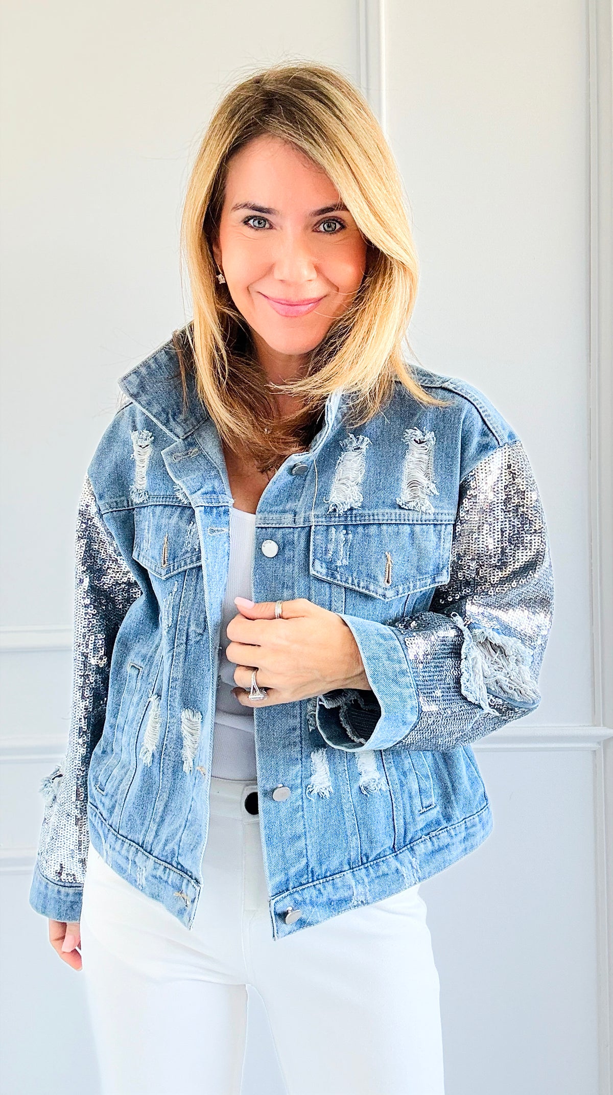 Sequined Distress Statement Jacket-160 Jackets-SALT-Coastal Bloom Boutique, find the trendiest versions of the popular styles and looks Located in Indialantic, FL