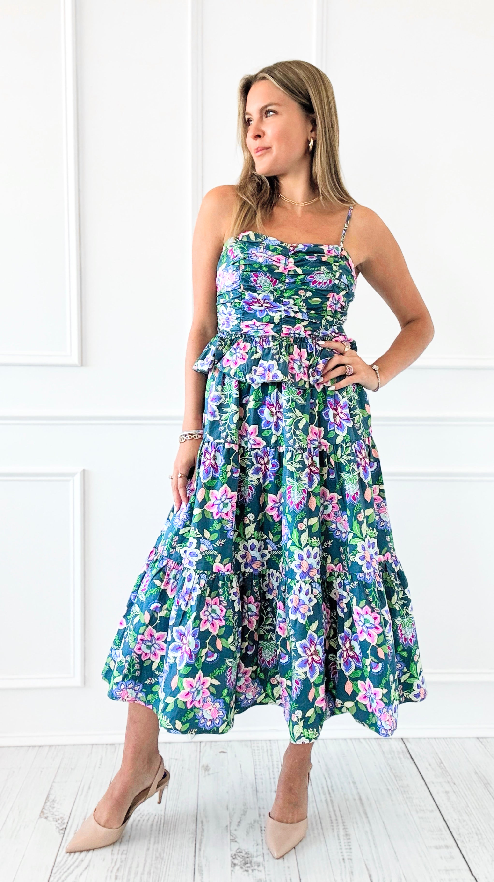 Garden Muse Smocked Floral Midi Dress-200 Dresses/Jumpsuits/Rompers-listicle-Coastal Bloom Boutique, find the trendiest versions of the popular styles and looks Located in Indialantic, FL