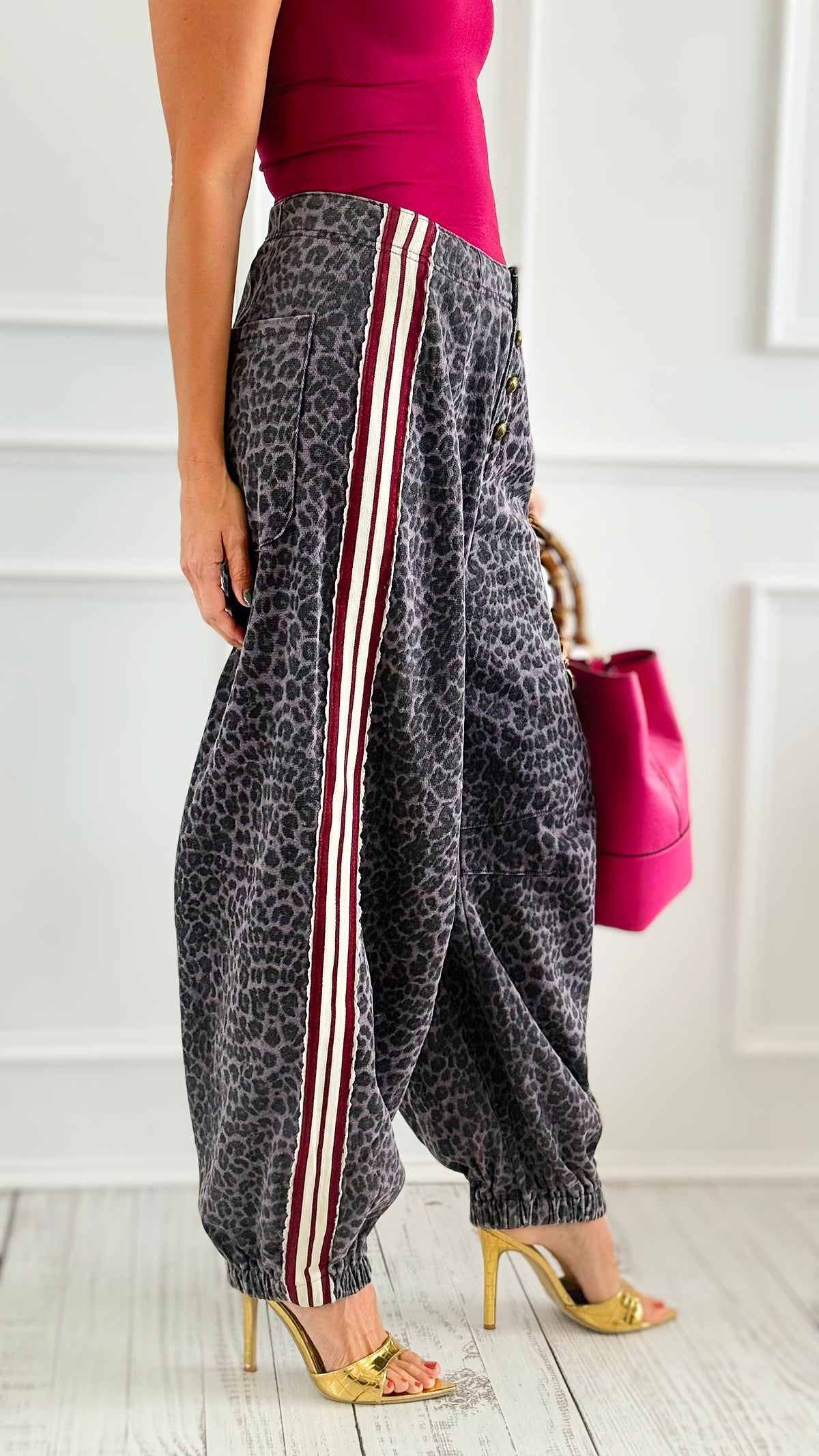 Run Wild Stripe Detail Pants - Black Leopard-170 Bottoms-POL-Coastal Bloom Boutique, find the trendiest versions of the popular styles and looks Located in Indialantic, FL