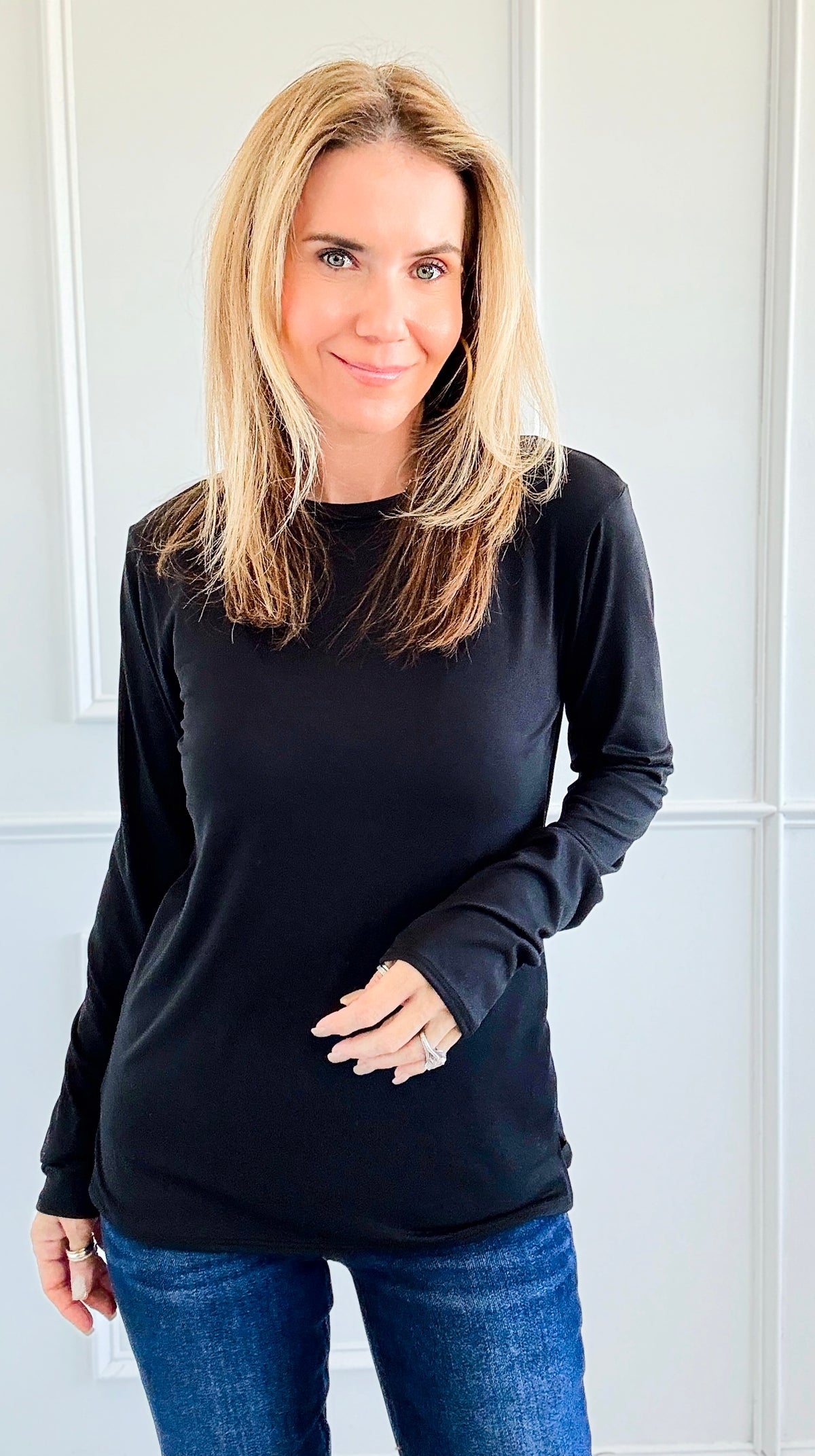 The Charlie Crew Neck Top - Black-130 Long Sleeve Tops-EC COLLECTION INC-Coastal Bloom Boutique, find the trendiest versions of the popular styles and looks Located in Indialantic, FL