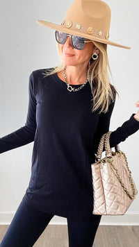 Anniston Crew Neck Long Sleeve T-Shirt - Black-130 Long Sleeve Tops-Zenana-Coastal Bloom Boutique, find the trendiest versions of the popular styles and looks Located in Indialantic, FL