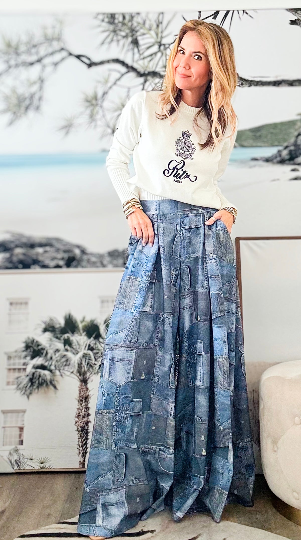 Denim Patch Print Wide Leg Palazzo Pants-170 Bottoms-Nylon Apparel-Coastal Bloom Boutique, find the trendiest versions of the popular styles and looks Located in Indialantic, FL