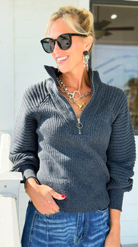 Effortless Elegance Ribbed Half-Zip Sweater - Charcoal-130 Long sleeve top-SO ME-Coastal Bloom Boutique, find the trendiest versions of the popular styles and looks Located in Indialantic, FL