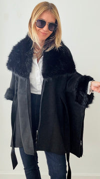 Faux Suede & Fur Belted Cape - Black-150 Cardigans/Layers-Original USA-Coastal Bloom Boutique, find the trendiest versions of the popular styles and looks Located in Indialantic, FL