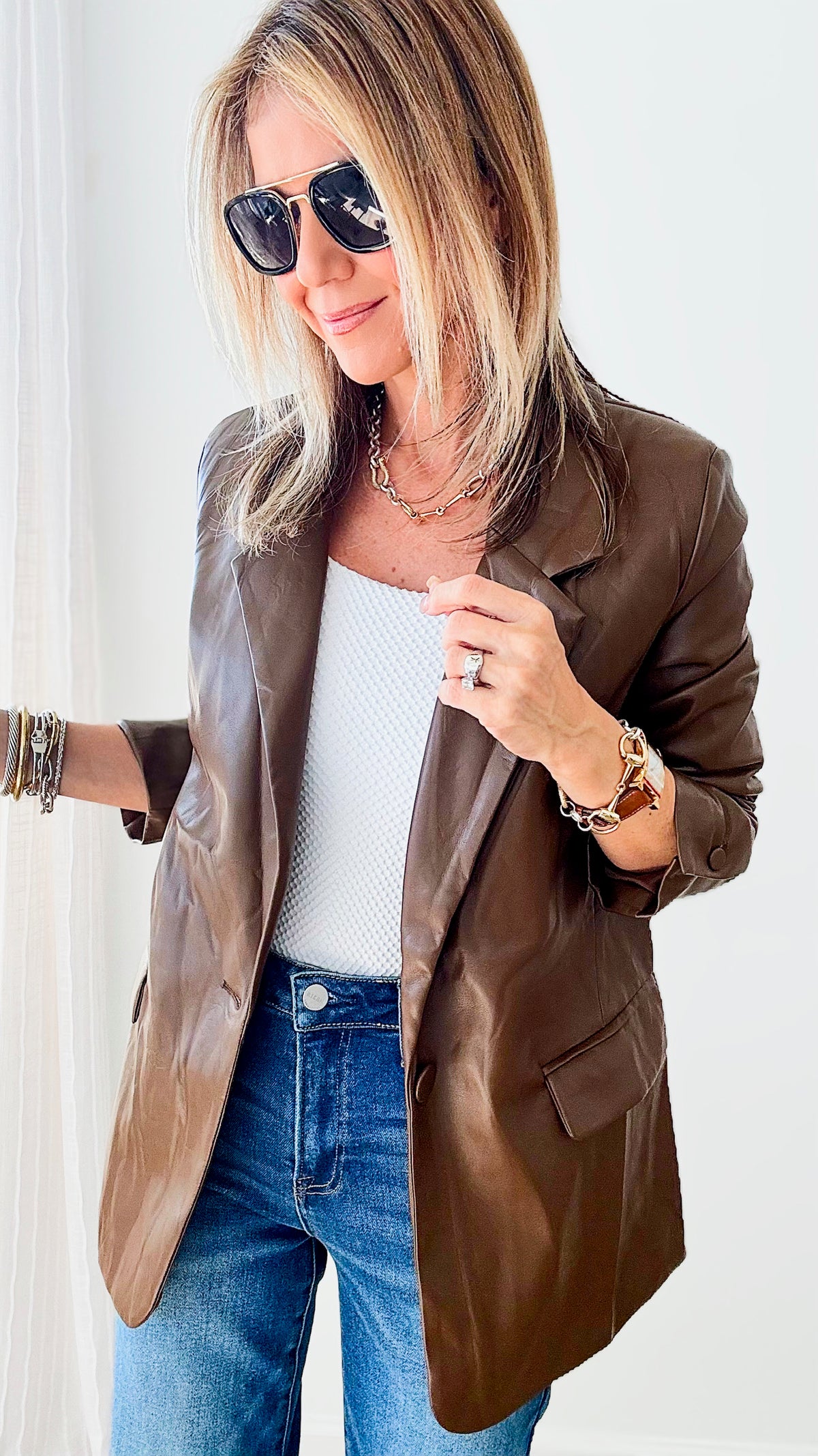 The Eras Vegan Leather Blazer - Brown-160 Jackets-Rousseau-Coastal Bloom Boutique, find the trendiest versions of the popular styles and looks Located in Indialantic, FL