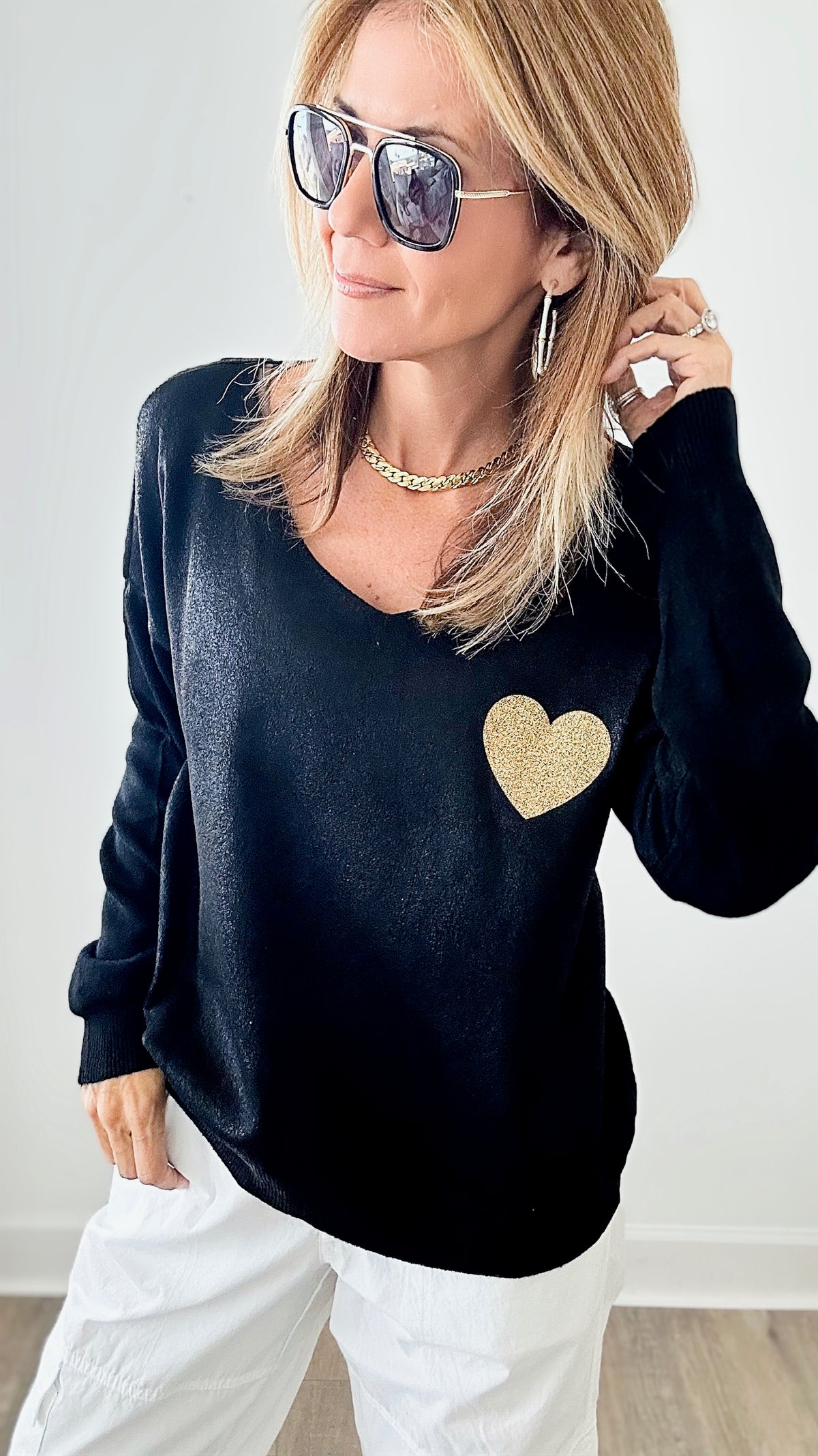 Italian Heart Shimmer Sweater - Black/Gold-130 Long sleeve top-VENTI6 OUTLET-Coastal Bloom Boutique, find the trendiest versions of the popular styles and looks Located in Indialantic, FL