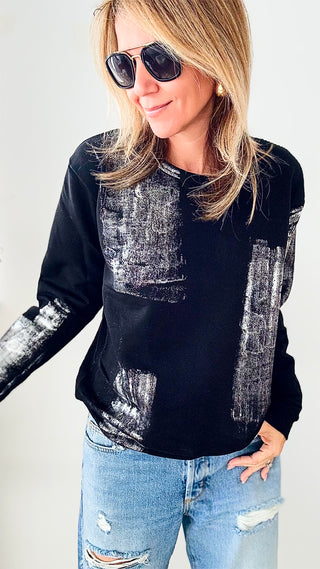 CB Custom Metallic Sweatshirt - Black/Silver-130 Long Sleeve Tops-HOLLY / CB-Coastal Bloom Boutique, find the trendiest versions of the popular styles and looks Located in Indialantic, FL