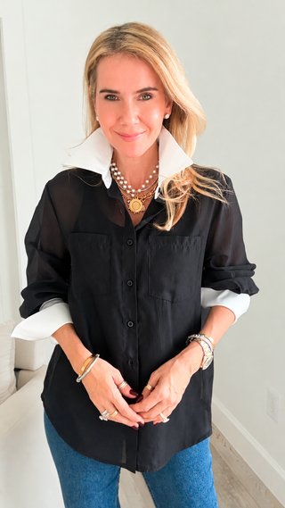 Sheer Petal Contrast Italian Button-Up- Black