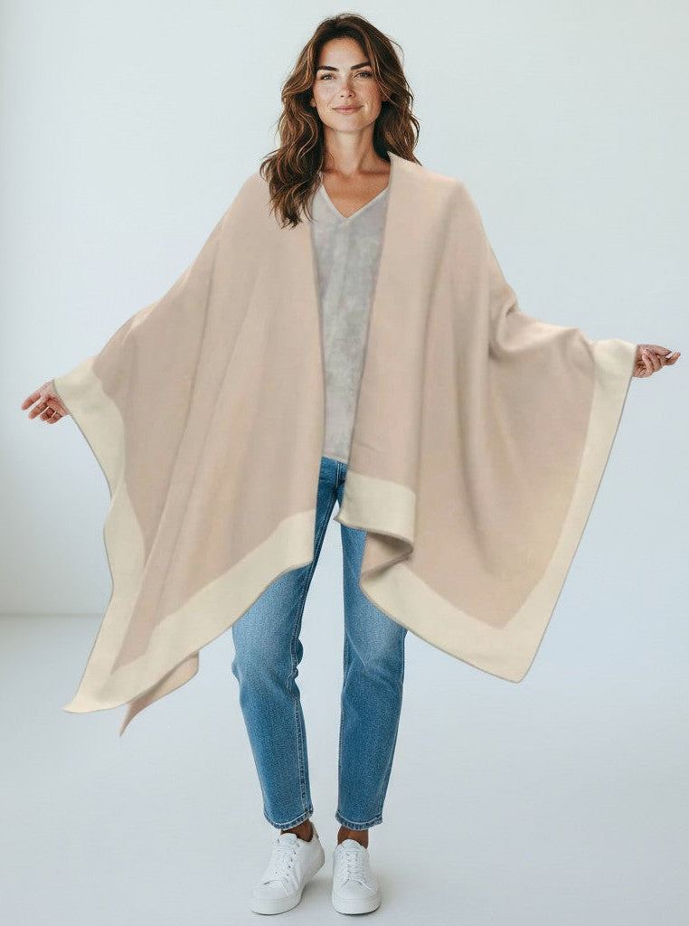 Neutral Trim Poncho - Sand/Beige-150 Cardigans/Layers-ARYEH-Coastal Bloom Boutique, find the trendiest versions of the popular styles and looks Located in Indialantic, FL