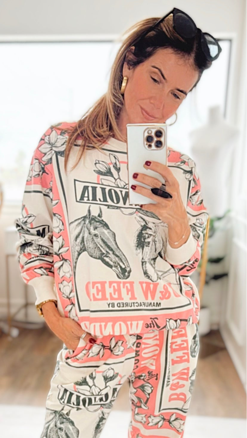 Pink Horse-Block Print Sweatshirt-110 Long Sleeve Tops-L.A SOUL-Coastal Bloom Boutique, find the trendiest versions of the popular styles and looks Located in Indialantic, FL