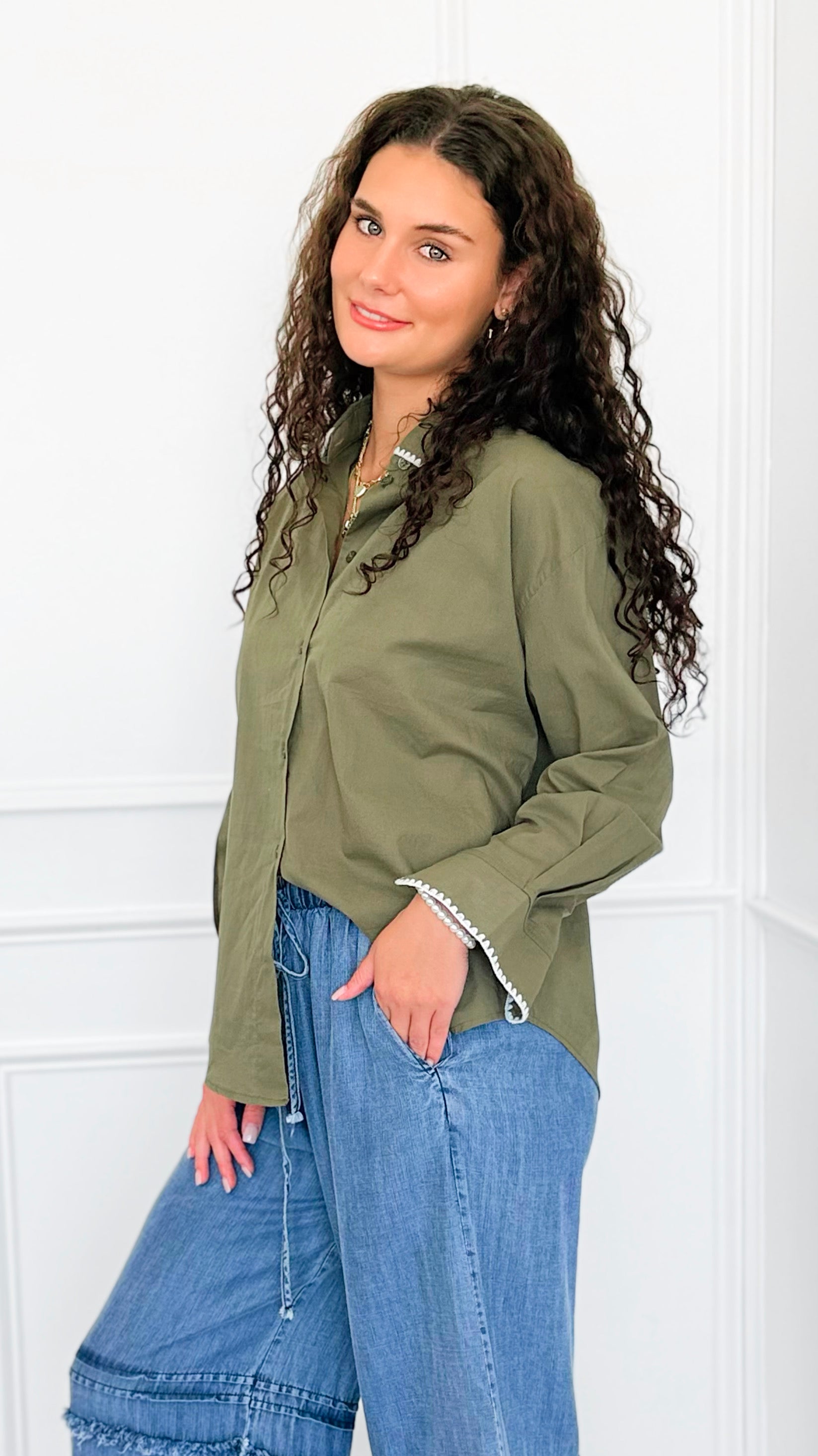 Delicate Edge Embroidered Blouse- Olive-170 Bottoms-V SKY-Coastal Bloom Boutique, find the trendiest versions of the popular styles and looks Located in Indialantic, FL