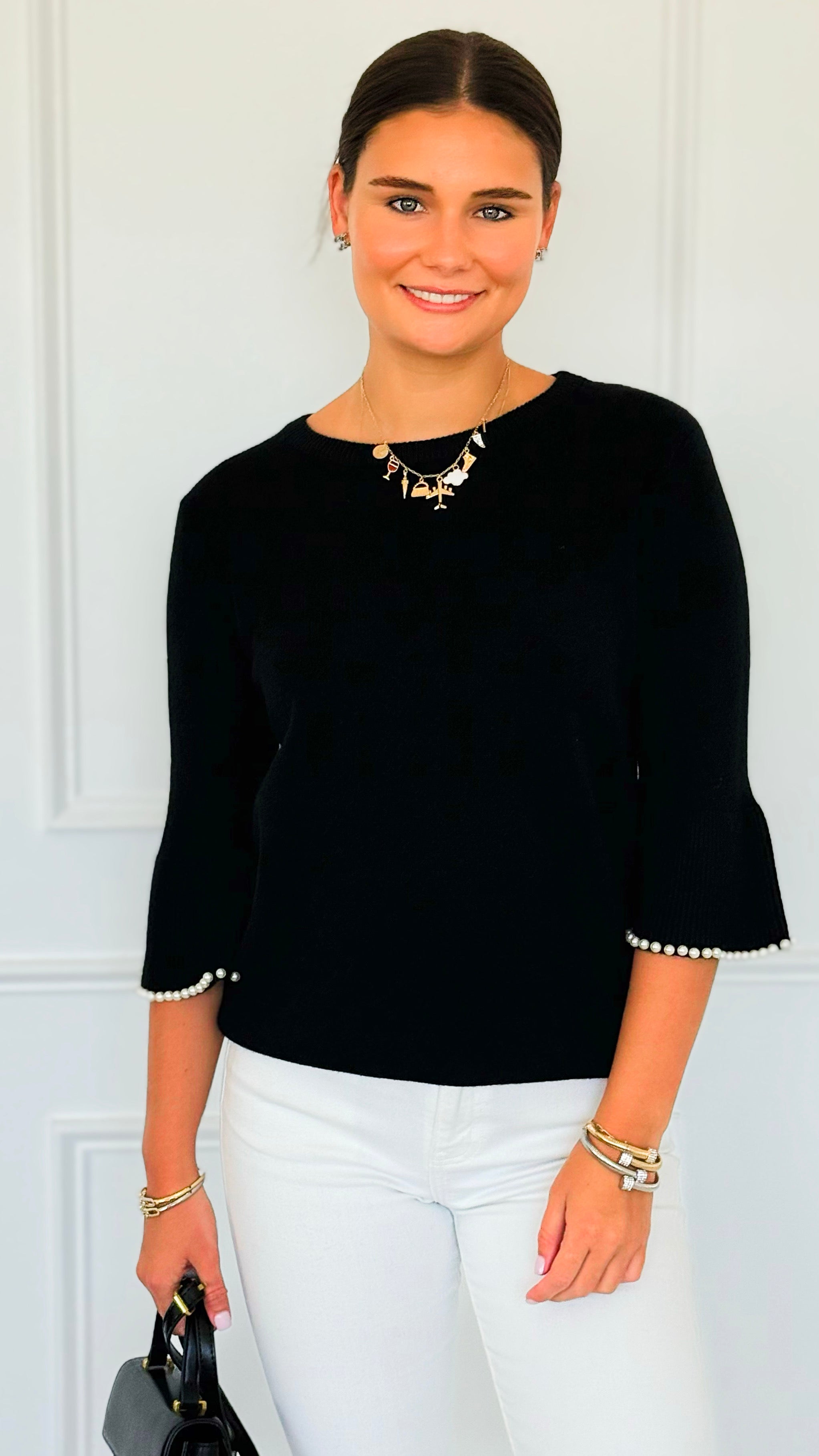 Pearl Detail Bell Sleeve Italian Top- Black-140 Sweaters-Italianissimo-Coastal Bloom Boutique, find the trendiest versions of the popular styles and looks Located in Indialantic, FL